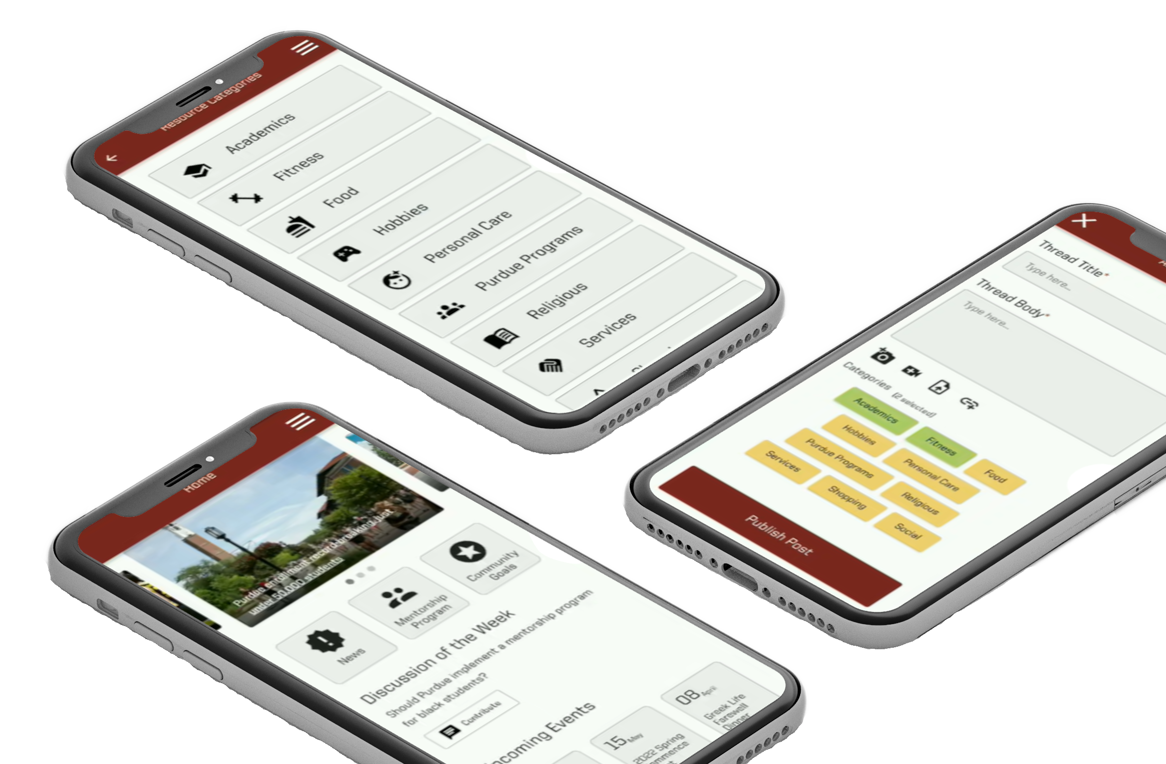 Three smartphones displaying mobile app screens