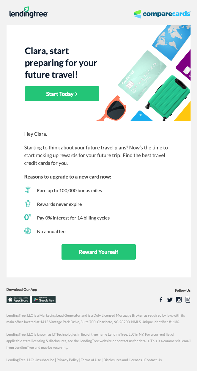 CompareCards email in regular desktop view