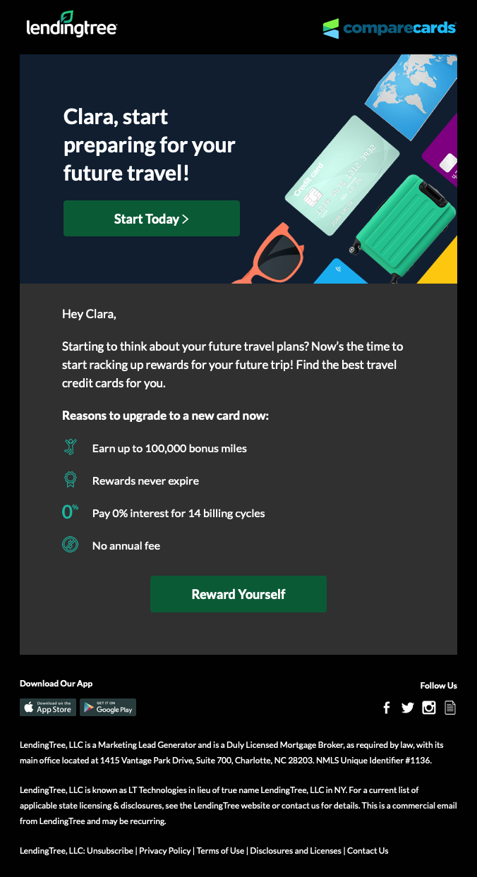 CompareCards email in desktop dark mode view